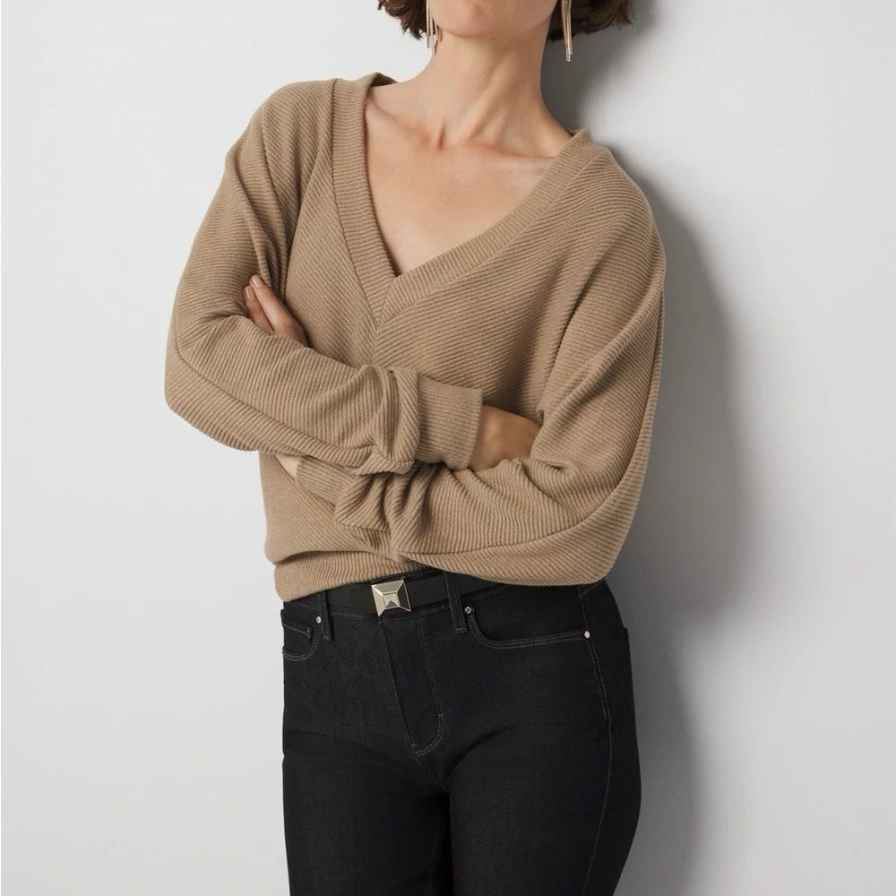 New White House Black Market Women's Tan V-Neck Cozy Knit Sweater Size XL